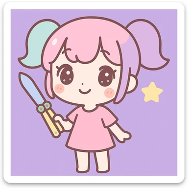 Add a lilac background behind the chibi anime girl with a balisong, keep the kawaii style. sticker