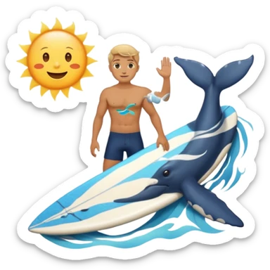 marine style emoji with waves, whale, male shirtless surfer, summer atmosphere with sun and warm  sticker