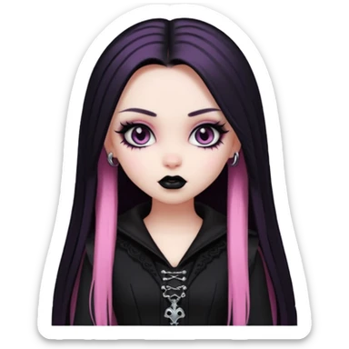 goth bratz baddie, beautiful eyes, gothic black makeup, long straight black-pink hair, black gothic hair styled, black goth clothes sticker