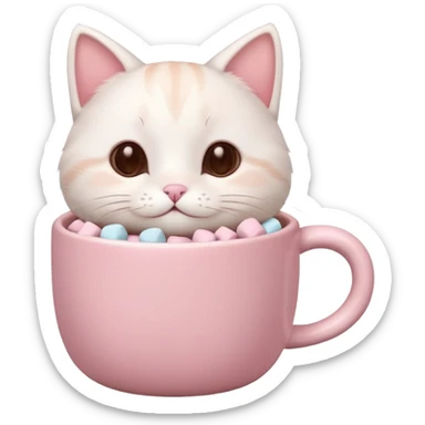 cute white cat relaxing in a pastel pink mug of cocoa with marshmallows, soft lighting, rounded shapes sticker