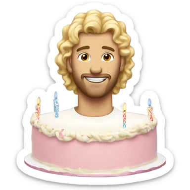  Blonde curly mullet white man standing over a birthday cake sticker