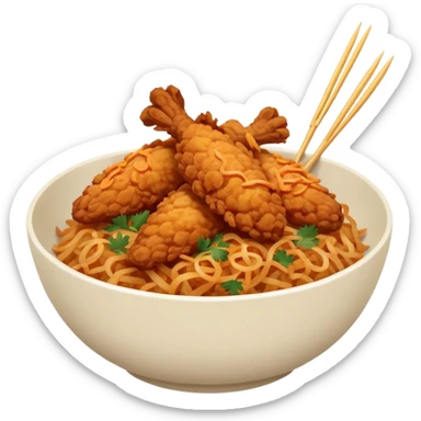 iOS-style minimal food emoji of a rice bowl with crispy fried chicken tenders, fried onions, sweet-and-sour sauce, and parsley garnish, smooth shapes, vibrant natural colors, clean vector-like rendering, transparent background. sticker