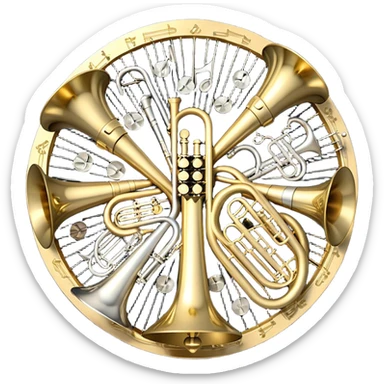 Create a festive and elegant emoji collage featuring a bouquet or fan of brass instrument bells (trumpets, saxophones, trombones, tubes, etc.) arranged in a radiant, symmetrical pattern. The instruments should have polished, golden and silver finishes, with their large, shiny bells forming a beautiful, fan-like display. Include a flowing ribbon of musical notes swirling through the center, conveying movement and melody. The background should feature a deep red velvet texture, adding a touch of luxury and sophistication. The overall composition should be balanced, with an elegant and regal feel, with a transparent background to keep focus on the instruments and musical elements. sticker