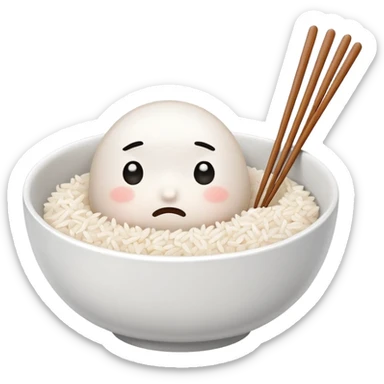A bowl of rice with a tiny sad-worried face, holding chopsticks and a spoon — like it’s gently worried you haven’t eaten. sticker