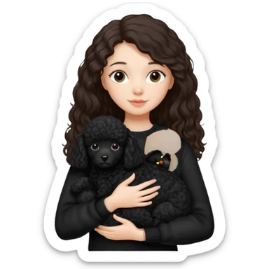 One Brunette girl with long hair in a black sweater holds a single black Poodle puppy in her arms sticker