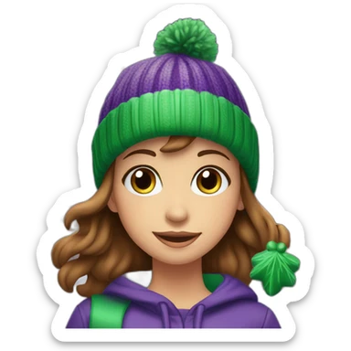 Girl with brown hair and green eyes in front of beautiful Christmas tree in new york city celebrating christmas and wearing a purple beanie sticker