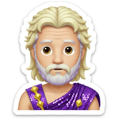 Zeus from Greek Gods with long platinum blonde wavy hair and short beard, purple sequin toga sticker
