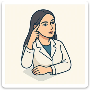 A 2D isometric style illustration of a female doctor with dark long straight hair and detailed brown eyes (not just dots), wearing a white coat, on a minimalist background. She is twirling her finger near her temple, with expressive pose and emotion, matching the appearance of the second previous variant. sticker