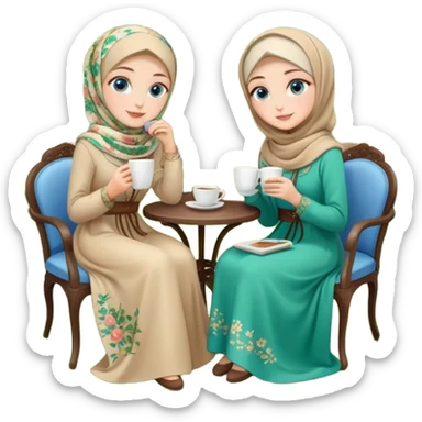 Turkish beautiful finish Konya girls blue eyes with Beautiful beige green floral hijab long tail dress and the two friends in a lovely garden sits on the chair on the ground and holds cup coffe with her hand  sticker