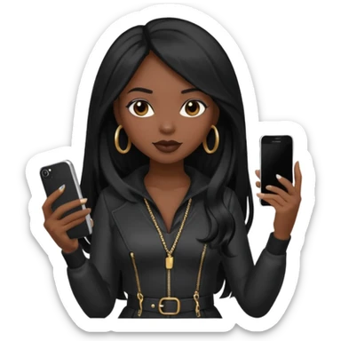 influencer girl black long haired, phone in hand, recording herself, confident, trendy, sticker