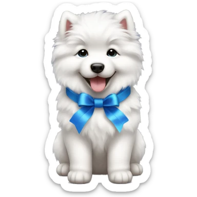Samoyed puppy wearing blue ribbon sticker