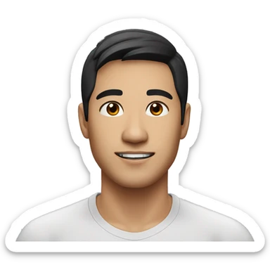 A head and shoulders shot of a 32 year old Asian man, with short black hair,   with brown eyes wearing a t-shirt. sticker