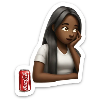 tired girl with laptop drinking coca-cola sticker
