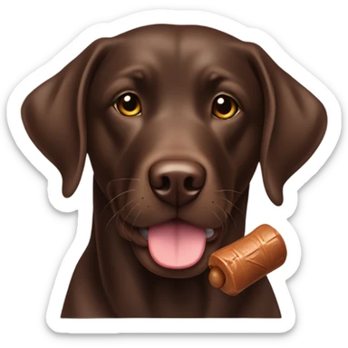 Chocolate lab with a chew toy sticker