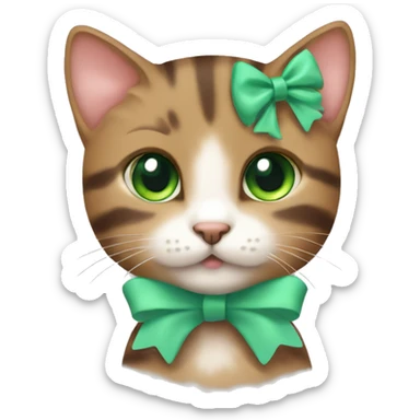 kawaii brown tabby kitten with green eyes and pastel green bow on top of head sticker