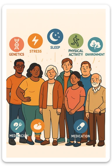 a diverse group of people of different body shapes, sizes, ages, and backgrounds stand together, each surrounded by floating icons representing factors like genetics, hormones, stress, sleep, physical activity, diet, medication, and environment. The mood is inclusive and informative, emphasizing that weight is influenced by many interconnected elements. sticker
