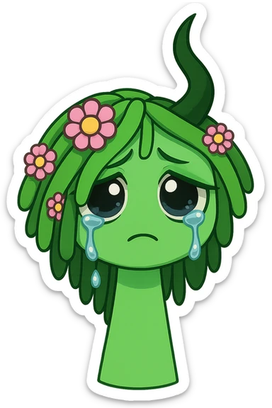 Change the green character with flower hair to a sad, teary-eyed expression, in chibi stickers style, transparent background. sticker
