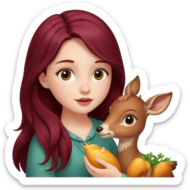 Beautiful burgundy long haired girl feeding baby deer sticker