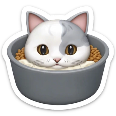 cute cat food bowl, the food is piled on top of the bowl where it is so full. The colour of the bowl is grey and the food in the bowl is white. sticker