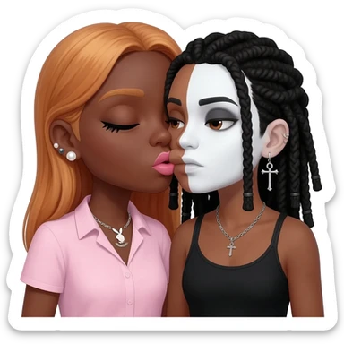 (Bimbo, pearl earrings stud, Light pink cute lips, long middle part with long light ginger hair, dark brown skin, playboy necklace with lashes, light pink shirt, kissing the goth black girl with brown skin, cross earrings, ankh necklace with black dreadlocks with white paint on face sticker