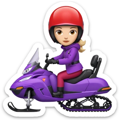 Woman on purple snowmobile wearing red coat sticker