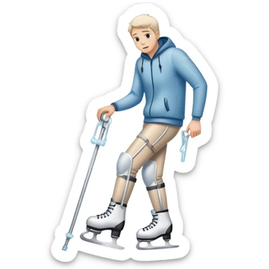 una hombre con el pie lesionado en  muletas con unos patines de hielo y cara de lesión 
 sticker