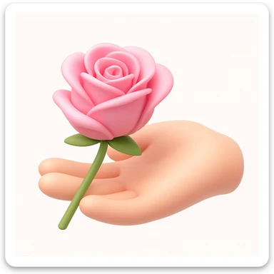 3D iOS style illustration of a hand gently holding a pink rose, soft rounded shapes, pastel colors, smooth shading, white or light background, inspired by iOS emoji aesthetics. sticker