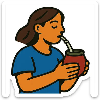 brunette woman drinking mate from a gourd with a bombilla straw sticker