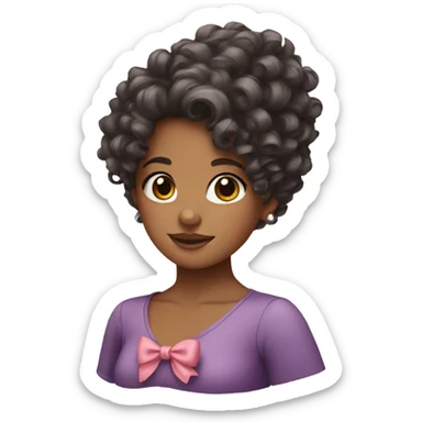 A girl with curly hair with a bow sticker