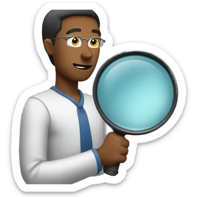 A person holding a magnifying glass, looking at a computer, from the waist up. sticker