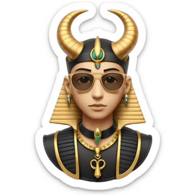 3D cartoon horned character portrait, wearing sunglasses, gothic ancient Egyptian style, pharaoh collar, dark gold and black outfit, ankh symbols, Egyptian jewelry, mysterious expression, soft dramatic lighting, centered, clean background, no text, no watermark sticker