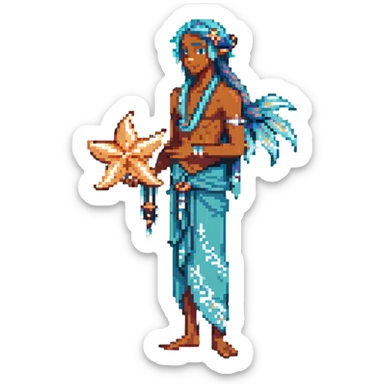 elf male Sarong with bioluminescent embroidery, armful of starfish, hair in a braid with pearl pins sticker