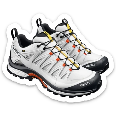 Pair of white Salomon XT-6 Gore-Tex shoes arranged with one slightly behind the other, iOS emoji style with simplified details, technical white hiking shoes with characteristic Quicklace system sticker