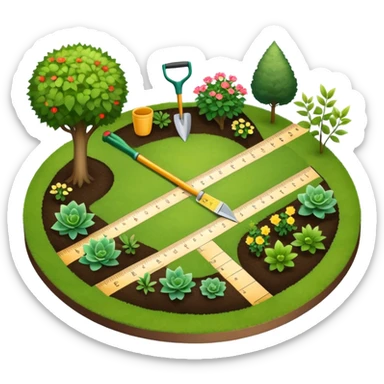 Icon for Landscape Design: a garden layout with plants, trees, paths, and design tools like a spade, pencil and measuring tape. The icon should represent creativity in outdoor space planning and gardening. Transparent background. sticker