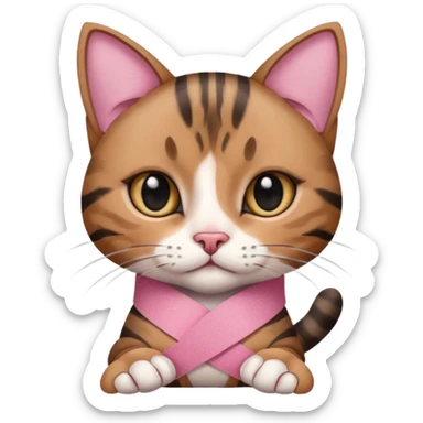 a young female brown and black tabby cat, with a pink bandage on her front paw, sticker