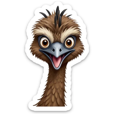Cinematic Comical Emu Portrait Emoji, Head tilted dramatically with an exaggeratedly amused expression, featuring a striking, textured brown plumage with a comically small head and wide, expressive eyes full of playful disbelief, Simplified yet hilariously expressive features, highly detailed, glowing with a slightly sassy glow, high shine, dramatic yet playful, stylized with an air of cheeky outback mischief, bright and endearing, soft glowing outline, capturing the essence of a spirited and over‐the‐top emu, so meme‐worthy it feels like it could squawk its way into internet fame instantly! sticker