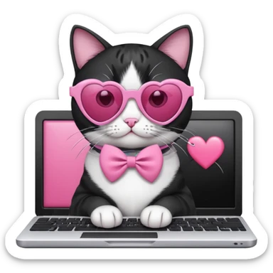 Black and white cat with pink ribbon and black cool sunglasses doing pink computer with pink heart sticker