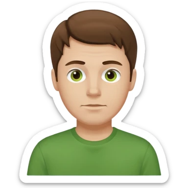a self asured white male. brown hair. green t-shirt. blue background sticker