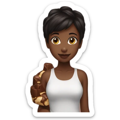 black girl, star eyes, short black hair hugging a kinder bueno sticker