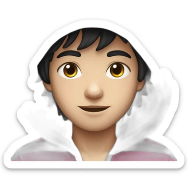 Pale boy, with fluffy black hair and wearing a white hoodie with pink stripes sticker