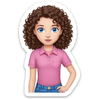 a girl with brunette curly hair blue eyes a pink shirt and jeans  sticker