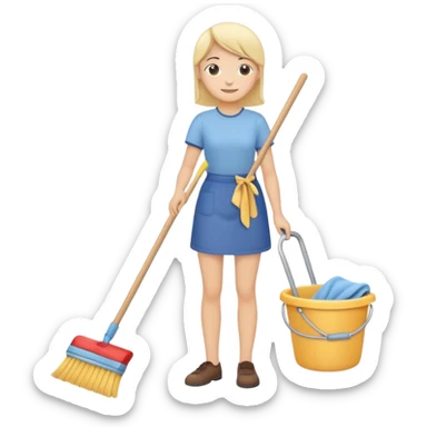 simplified human character calmly cleaning the room, holding a broom or cloth, relaxed smile, peaceful everyday routine, flat custom emoji sticker, soft pastel colors, rounded shapes, minimal details, thick outline, white background, no text sticker
