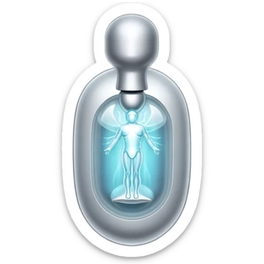 Silver semi-transparent capsule floating next to an ethereal glowing immune system figure, with a small shining shield over a luminous thyroid gland sticker