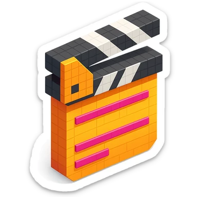isometric view of a movie clapperboard in voxel style sticker