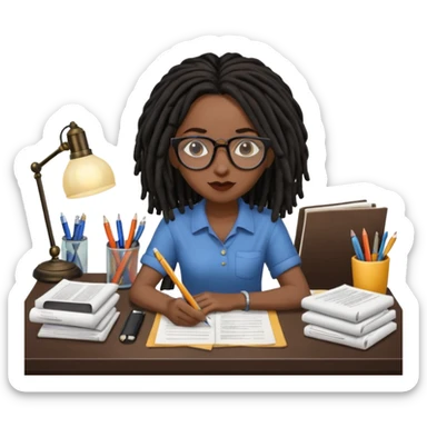 Black female with dark dreadlock hair and large round glasses with a desk full of papers sticker