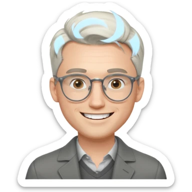 30 yr old pale white man, white/grey side swept stylish hair, round glasses, big smile, white teeth, handsome, longer hair, thin glasses,  smooth forehead, open collar, trendy sticker