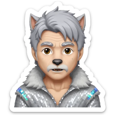 The Werewolf with grey hair and fur, white sequin outfit sticker