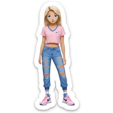 preppy teenage girl, blue eyes, tan, less blonde highlights, brown long hair, wearing ripped blue very long and very baggy jeans with a light pink sexy revealing very low neck crop top, wearing Nike shoes with Nike socks, very sexy, really really long eyelashes, very pretty sticker