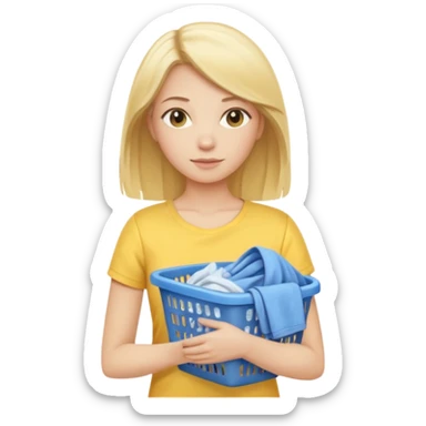 Blond lady shoulder length hair wearing yellow shirt holding blue laundry sticker