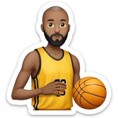A black man with a very thin buzz cut and a long black beard, with a yellow basketball sticker